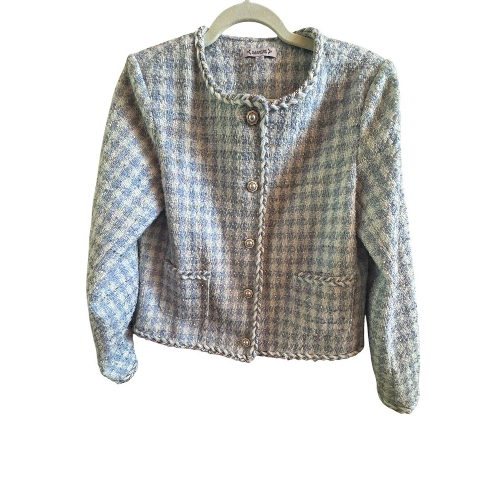Nanette Lepore Blue White Check Tweed Jacket Size Medium Braided Trim Elegant